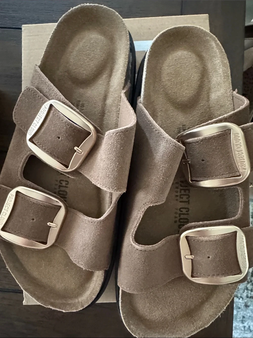 Women’s Suede Double Buckle Platform Sandals in Brown